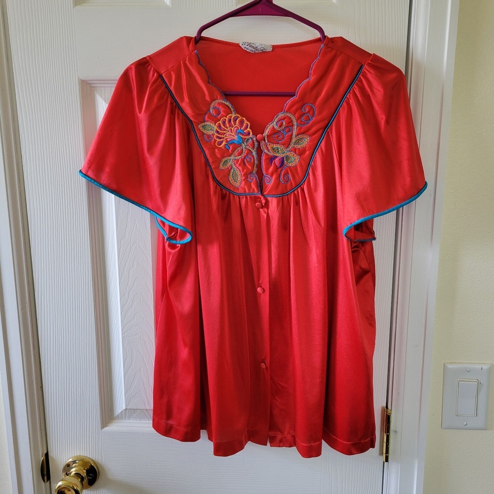Vanity Fair M Pajama Shirt Red/Orange Embroidered Vintage